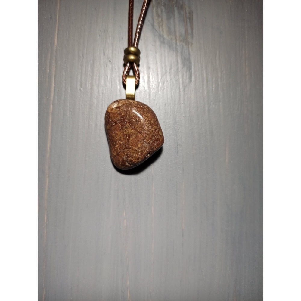 Agatized Coral Fossil Pendant Necklace Brown Waxed Cord 17 Inch Break Away